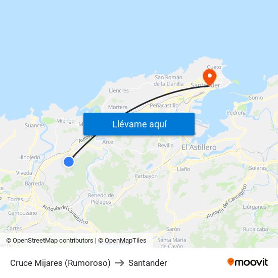 Cruce Mijares (Rumoroso) to Santander map