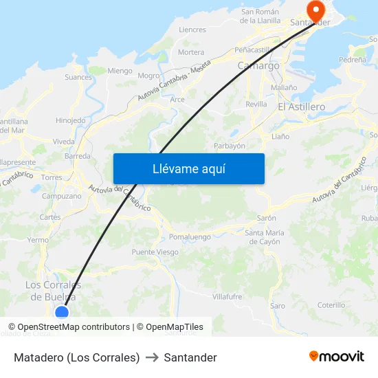 Matadero (Los Corrales) to Santander map