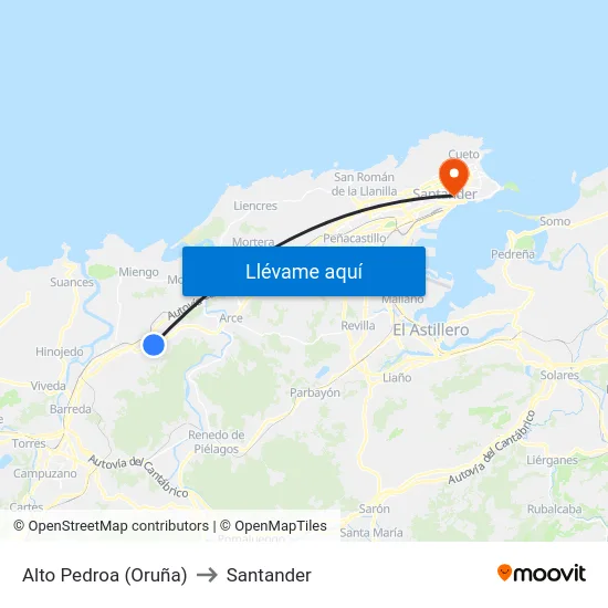 Alto Pedroa (Oruña) to Santander map