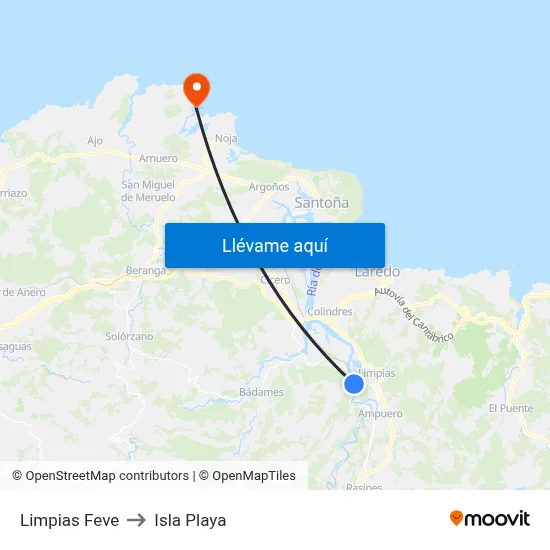 Limpias Feve to Isla Playa map