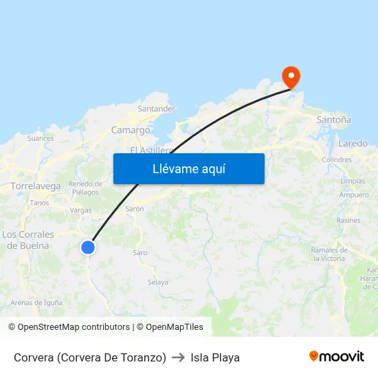 Corvera (Corvera De Toranzo) to Isla Playa map