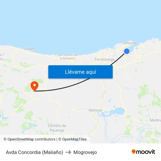 Avda Concordia (Maliaño) to Mogrovejo map