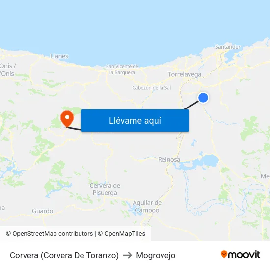 Corvera (Corvera De Toranzo) to Mogrovejo map