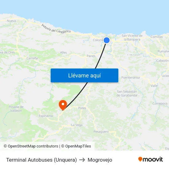 Terminal Autobuses (Unquera) to Mogrovejo map