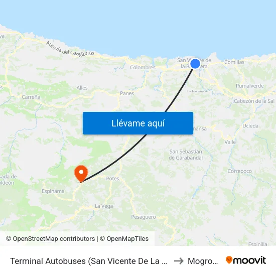 Terminal Autobuses (San Vicente De La Barquera) to Mogrovejo map