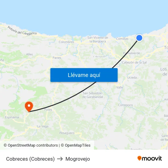 Cobreces (Cobreces) to Mogrovejo map