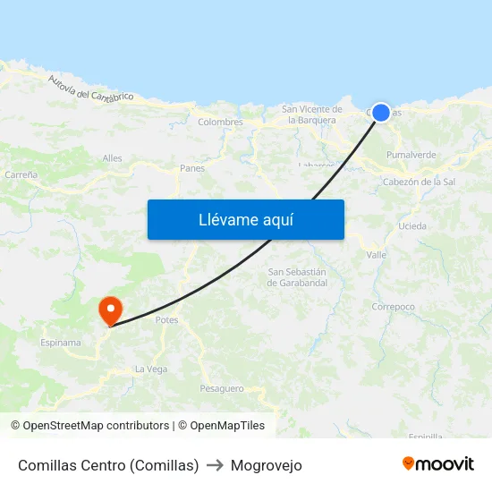 Comillas Centro (Comillas) to Mogrovejo map