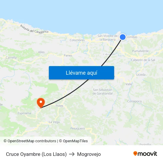 Cruce Oyambre (Los Llaos) to Mogrovejo map