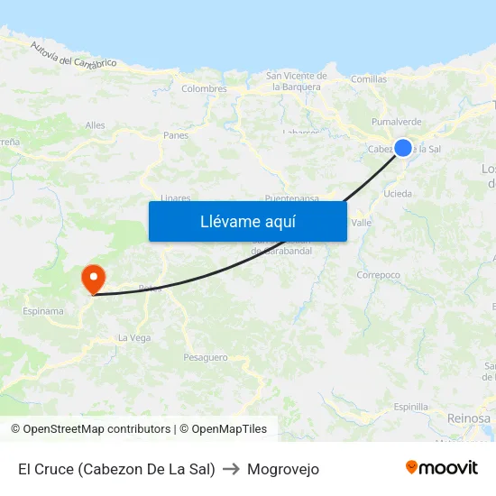 El Cruce (Cabezon De La Sal) to Mogrovejo map