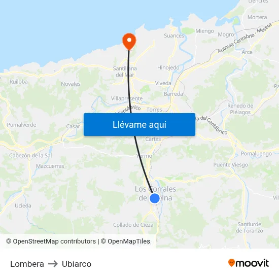Lombera to Ubiarco map