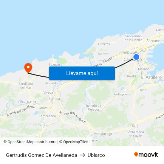 Gertrudis Gomez De Avellaneda to Ubiarco map