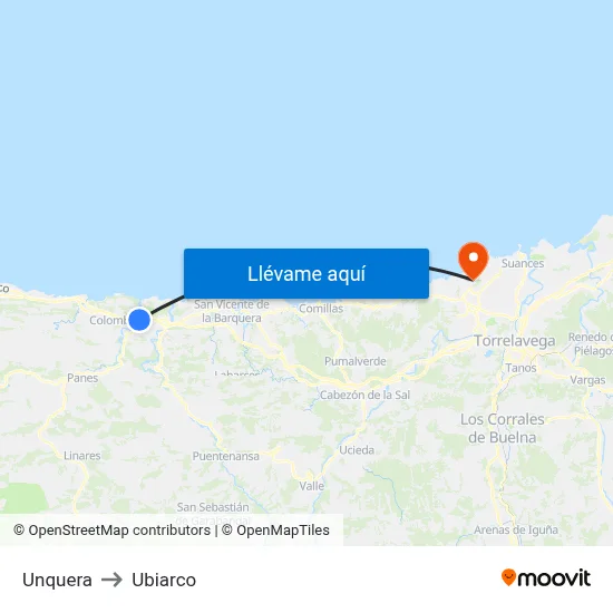 Unquera to Ubiarco map