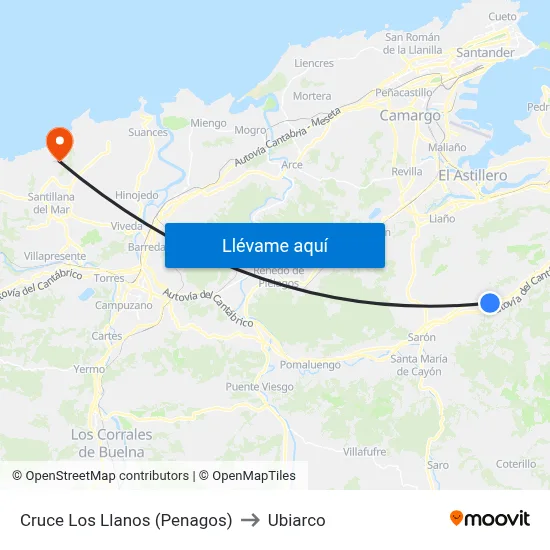 Cruce Los Llanos (Penagos) to Ubiarco map
