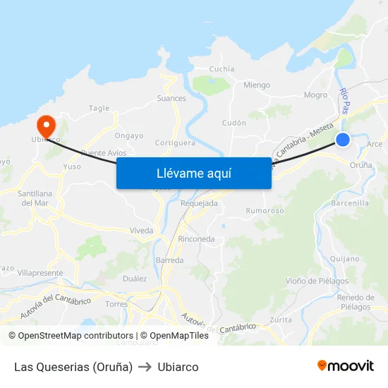 Las Queserias (Oruña) to Ubiarco map