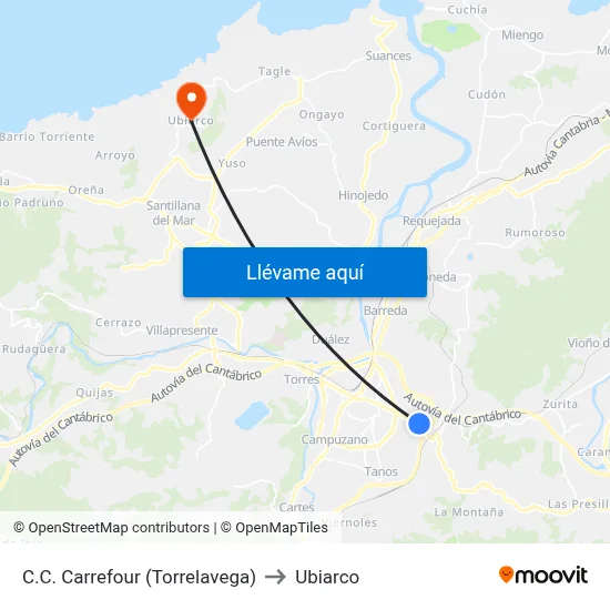 C.C. Carrefour (Torrelavega) to Ubiarco map