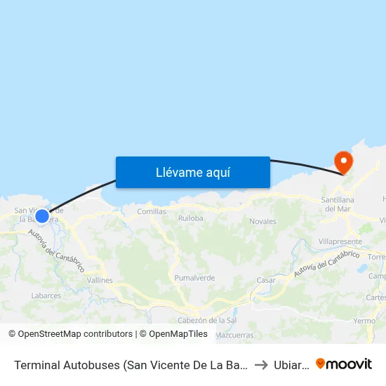 Terminal Autobuses (San Vicente De La Barquera) to Ubiarco map