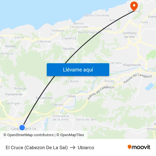 El Cruce (Cabezon De La Sal) to Ubiarco map