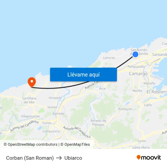 Corban (San Roman) to Ubiarco map
