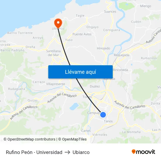 Rufino Peón - Universidad to Ubiarco map