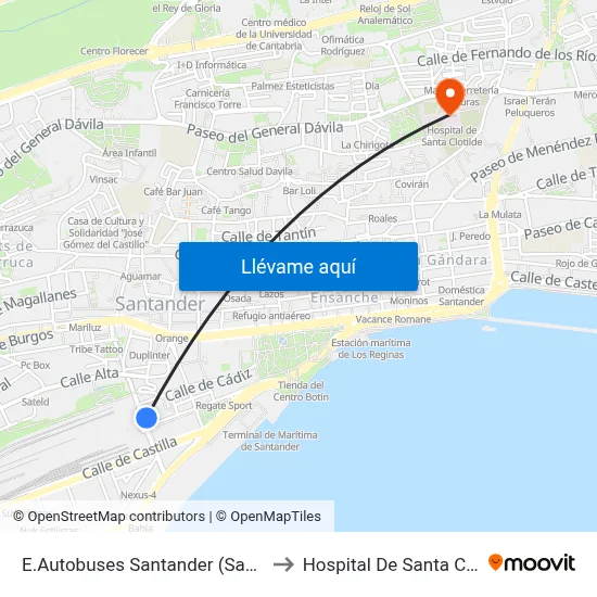 E.Autobuses Santander (Santander) to Hospital De Santa Clotilde map