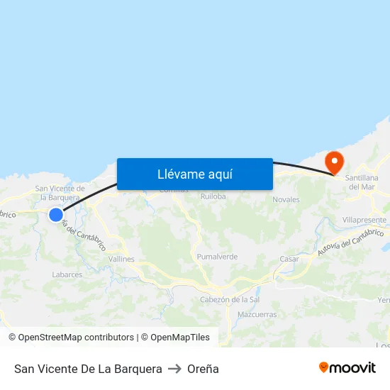 San Vicente De La Barquera to Oreña map