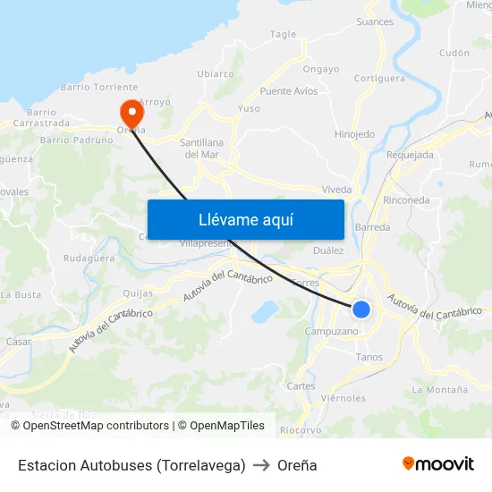 Estacion Autobuses (Torrelavega) to Oreña map