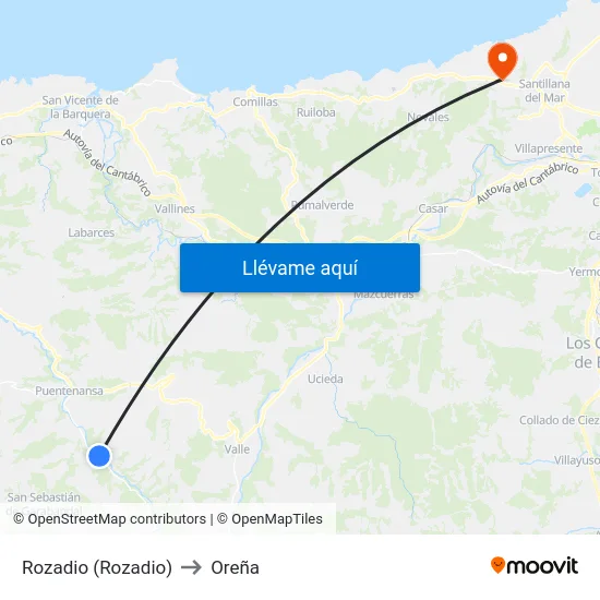 Rozadio (Rozadio) to Oreña map