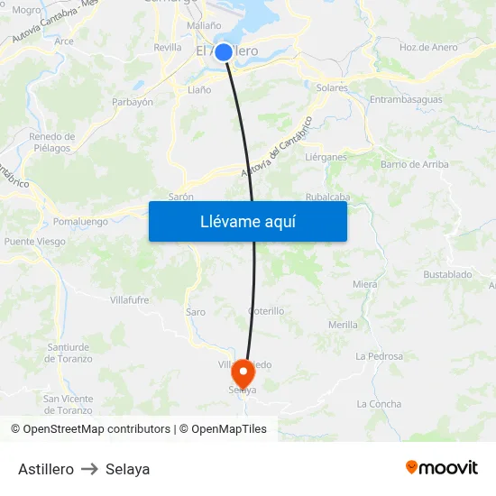 Astillero to Selaya map