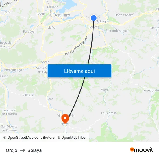 Orejo to Selaya map