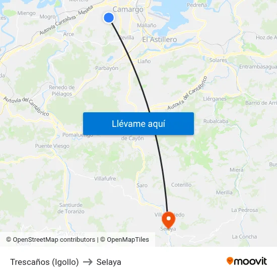 Trescaños (Igollo) to Selaya map