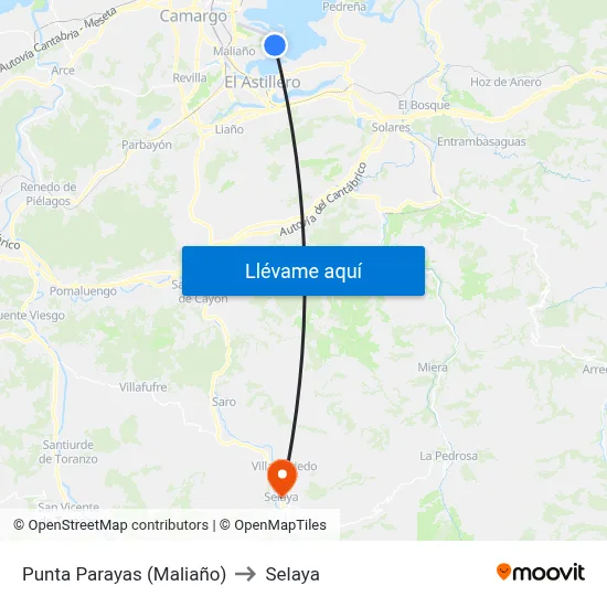 Punta Parayas (Maliaño) to Selaya map