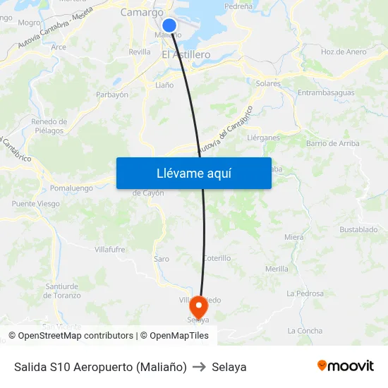 Salida S10 Aeropuerto (Maliaño) to Selaya map