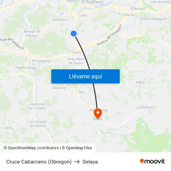 Cruce Cabarceno (Obregon) to Selaya map