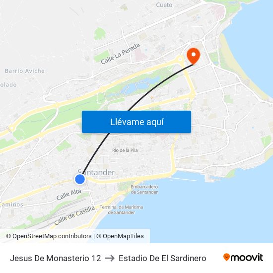 Jesus De Monasterio 12 to Estadio De El Sardinero map