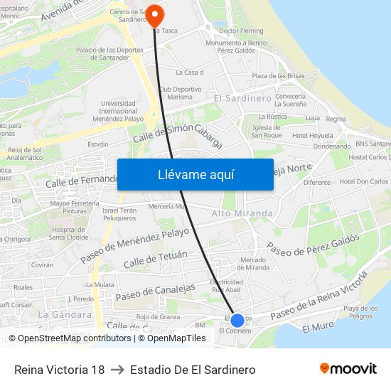 Reina Victoria 18 to Estadio De El Sardinero map