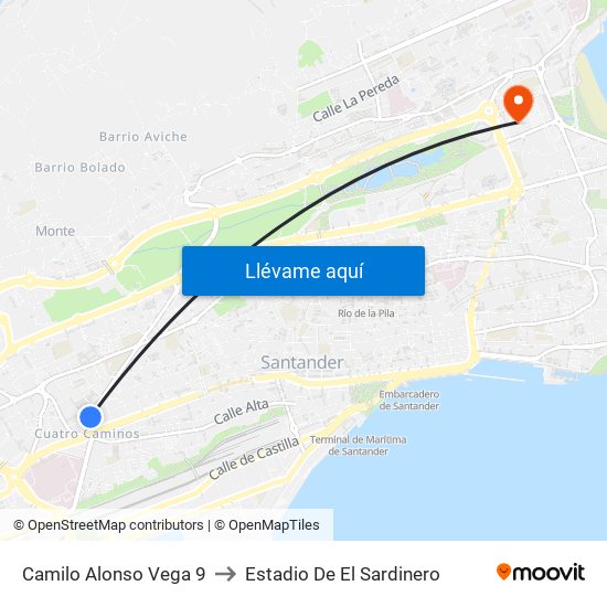 Camilo Alonso Vega 9 to Estadio De El Sardinero map