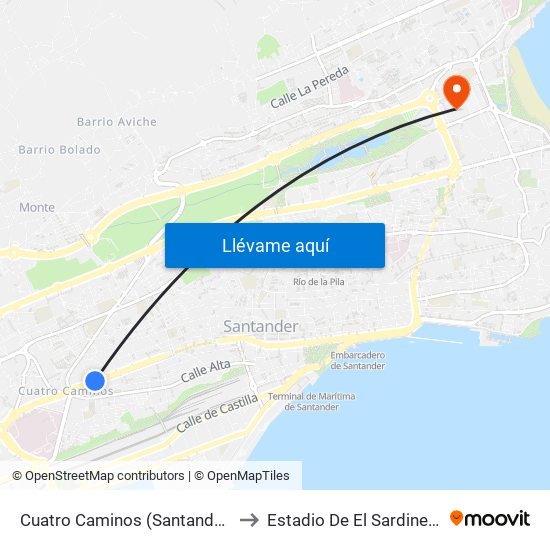 Cuatro Caminos (Santander) to Estadio De El Sardinero map