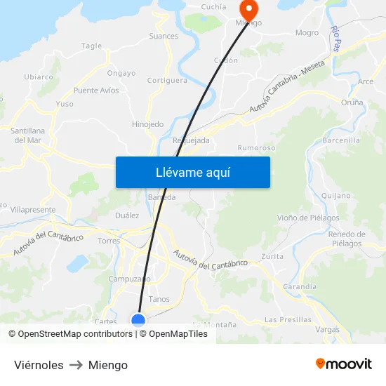 Viérnoles to Miengo map