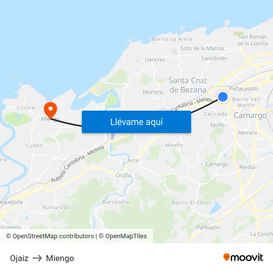Ojaiz to Miengo map