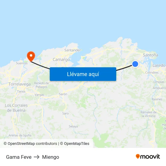 Gama Feve to Miengo map