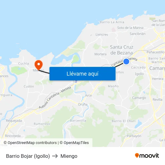 Barrio Bojar (Igollo) to Miengo map