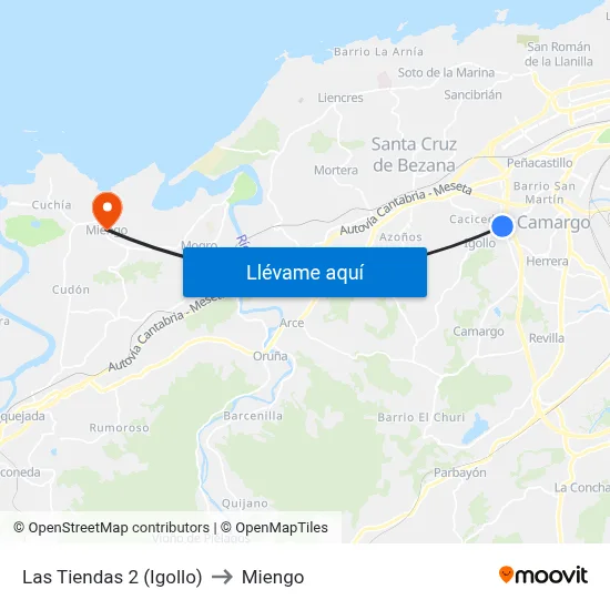 Las Tiendas 2 (Igollo) to Miengo map