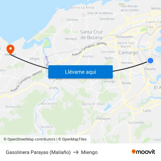 Gasolinera Parayas (Maliaño) to Miengo map