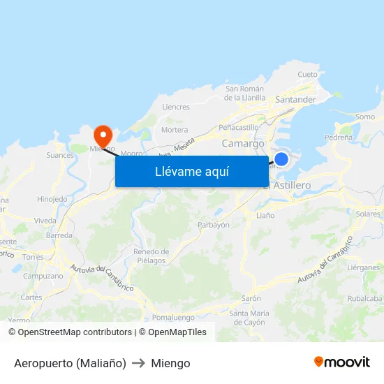 Aeropuerto (Maliaño) to Miengo map