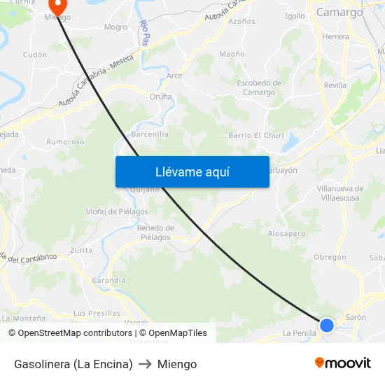 Gasolinera (La Encina) to Miengo map