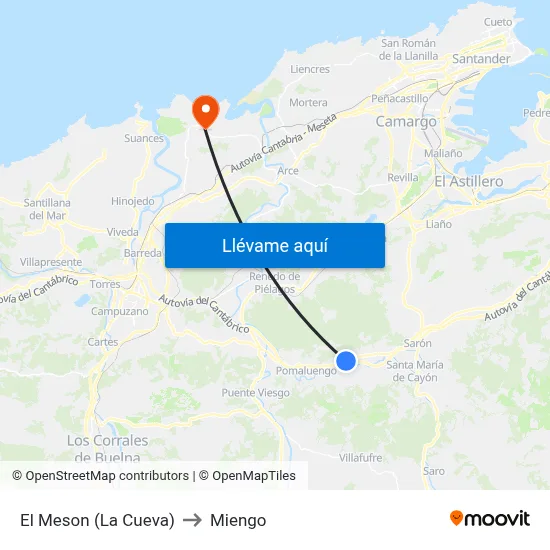 El Meson (La Cueva) to Miengo map