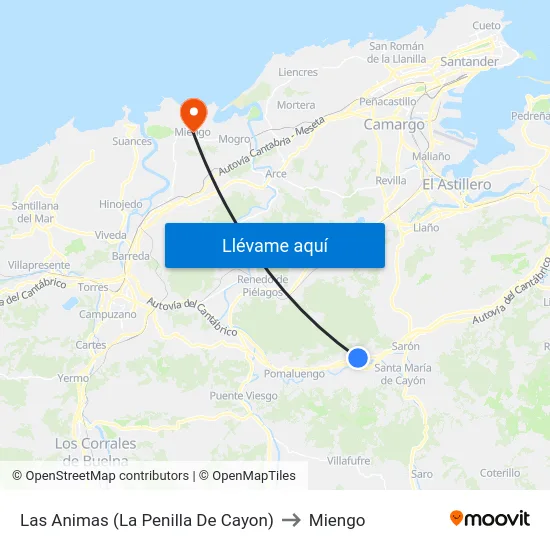 Las Animas (La Penilla De Cayon) to Miengo map