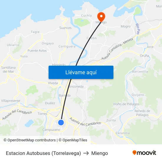 Estacion Autobuses (Torrelavega) to Miengo map