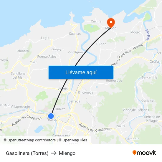 Gasolinera (Torres) to Miengo map