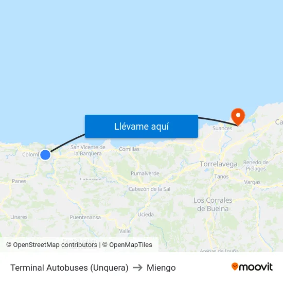 Terminal Autobuses (Unquera) to Miengo map